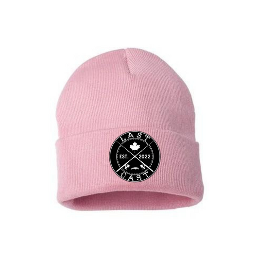 Pink beanie with crossed rods fishing patch