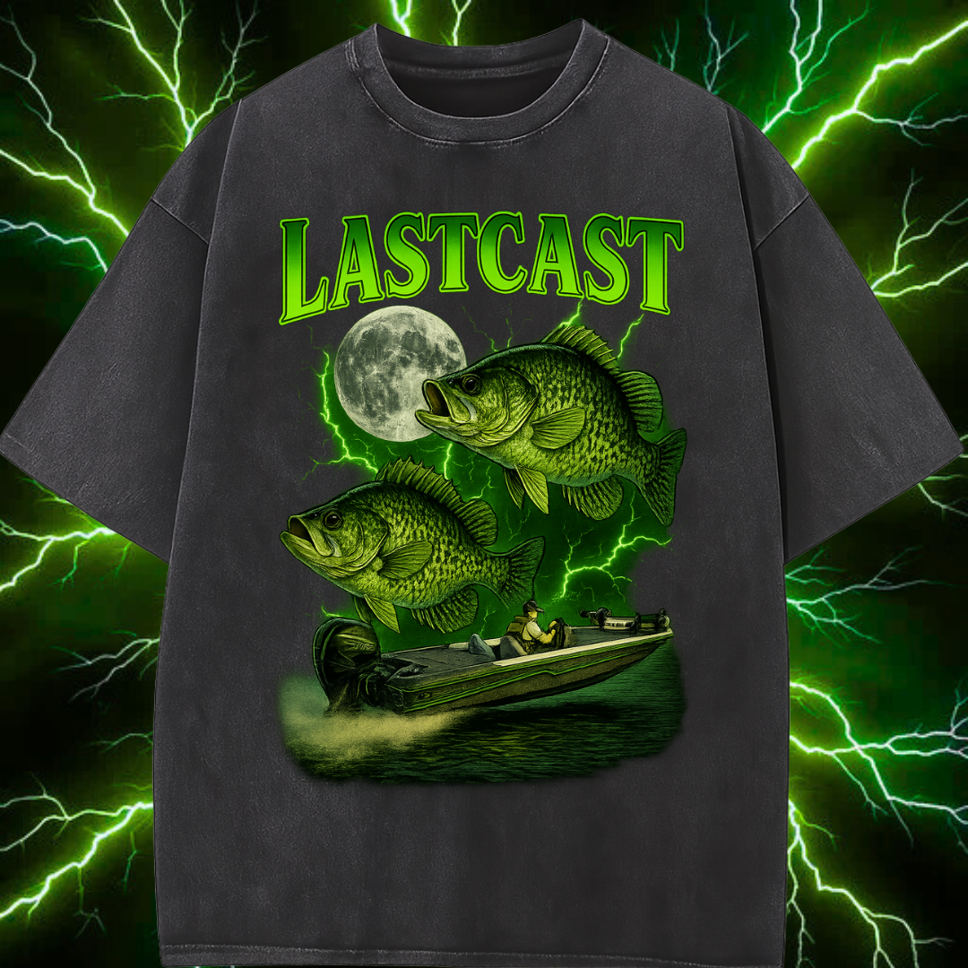 Black t-shirt with 'LASTCAST' graphic design featuring fish and a moon on a green lightning background.