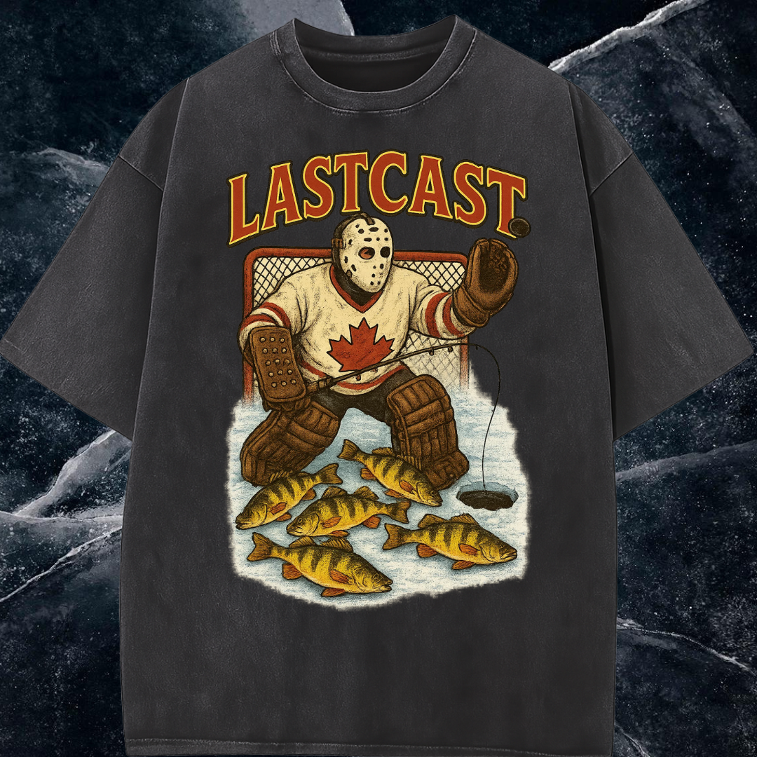 Black t-shirt with 'LASTCAST' graphic featuring a hockey goalie and fish on a dark background