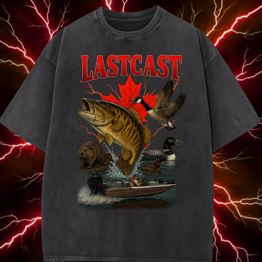 Black t-shirt with 'LASTCAST' design featuring a fish, Canadian Goose, loon, beaver, and people on a boat against a red maple leaf background.