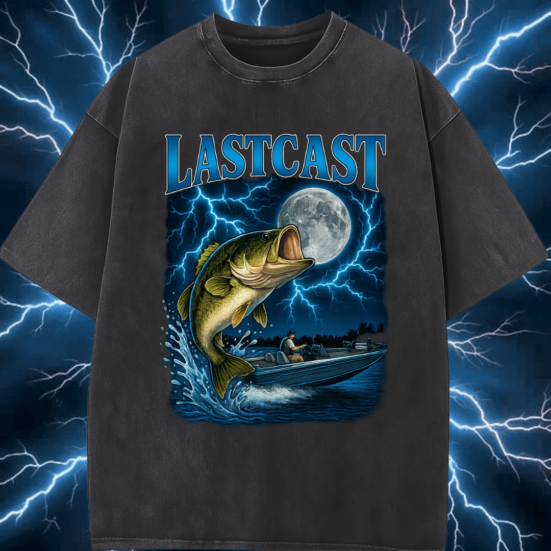 Black t-shirt with a fishing graphic and 'LASTCAST' text on a blue lightning background