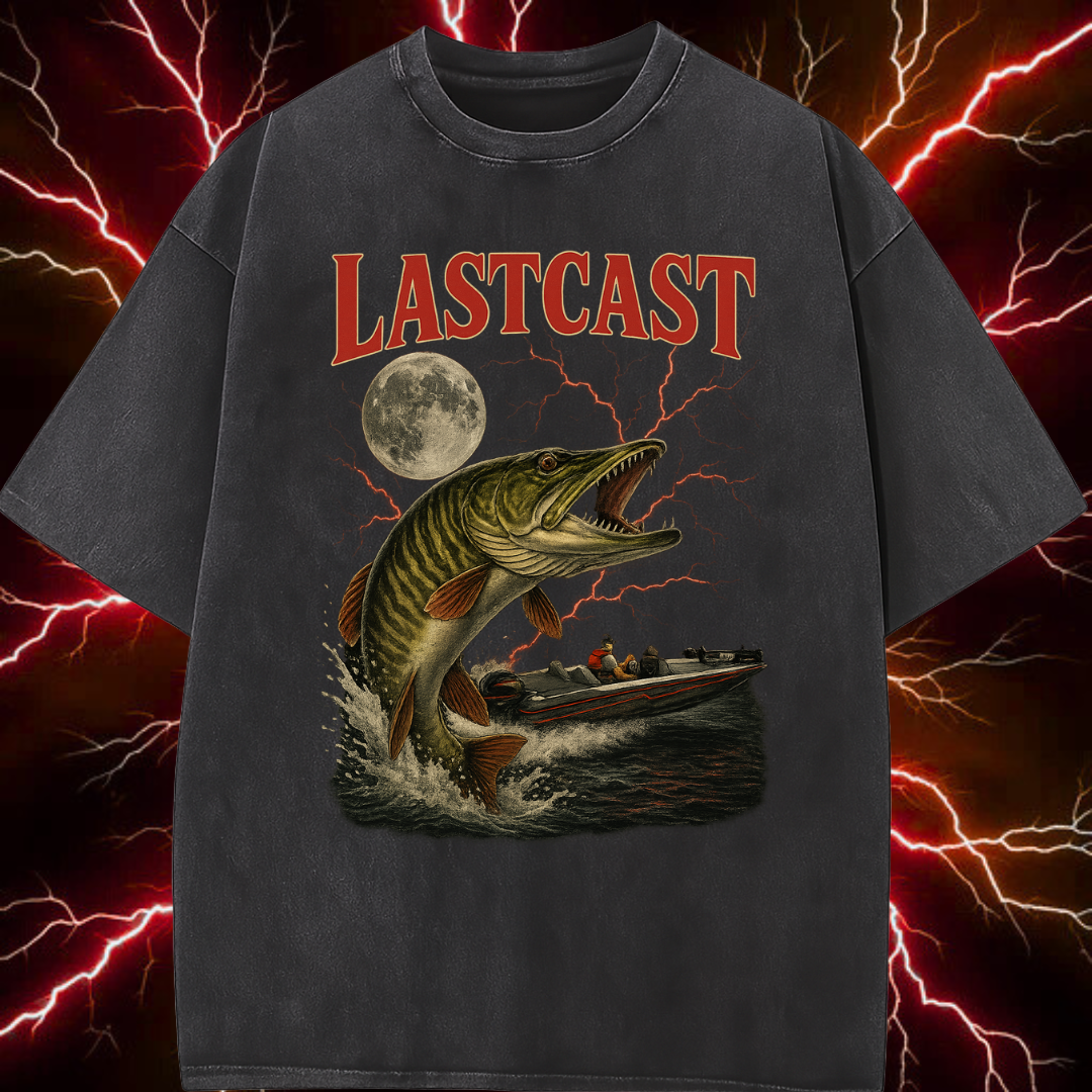 Black t-shirt with 'Lastcast' design featuring a fish and moon on a dark background with lightning effects.