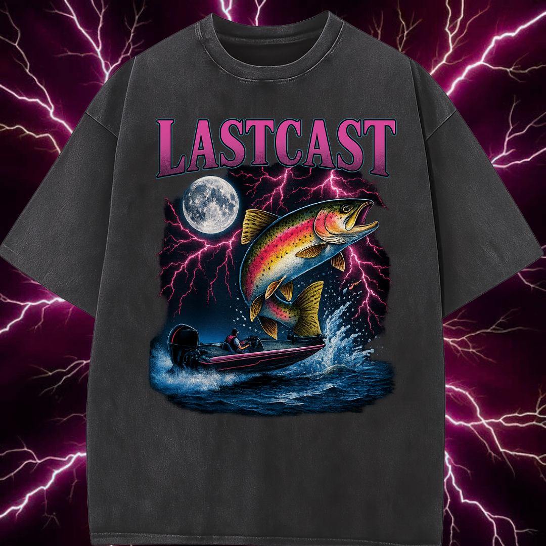 Black t-shirt with 'LASTCAST' design featuring a fish and moon on a purple lightning background
