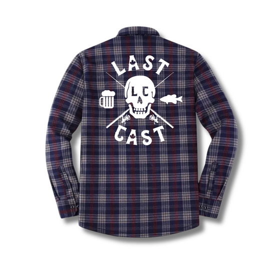 A fleece lined plaid button-up shirt in navy color with a graphic on the back that includes a skull and text, celebrating the 'last cast'.