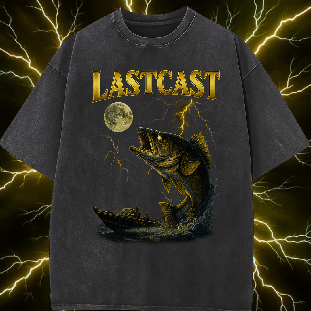 Black t-shirt with 'LASTCAST' design featuring a fish and moon on a dark background with lightning effects.