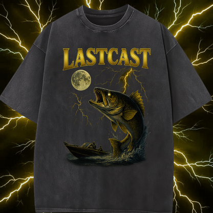Black t-shirt with 'LASTCAST' design featuring a fish and moon on a dark background with lightning effects.