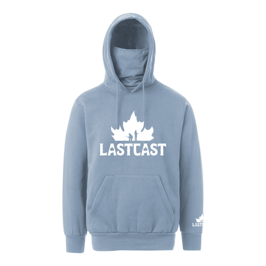 LastCast gaiter hoodie in ice blue with reaper design on back